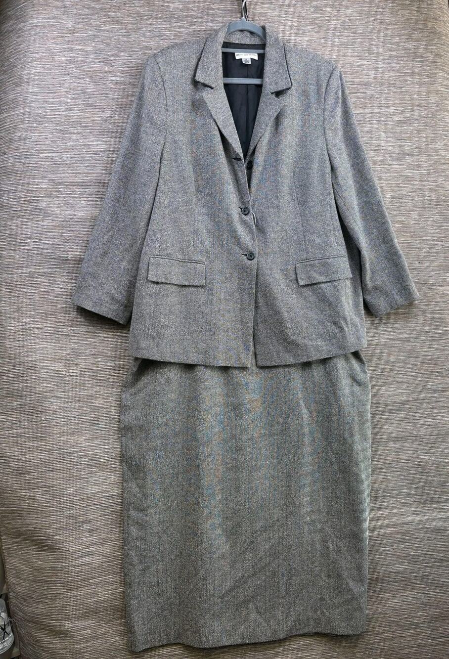 August Max Woman Skirt Suit Womens 20 Gray Herringbone Lined 2 Piece Career
